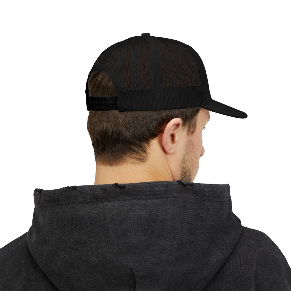 Legacy Snapback Trucker Cap – Black/White Embroidered Logo Mesh Hat