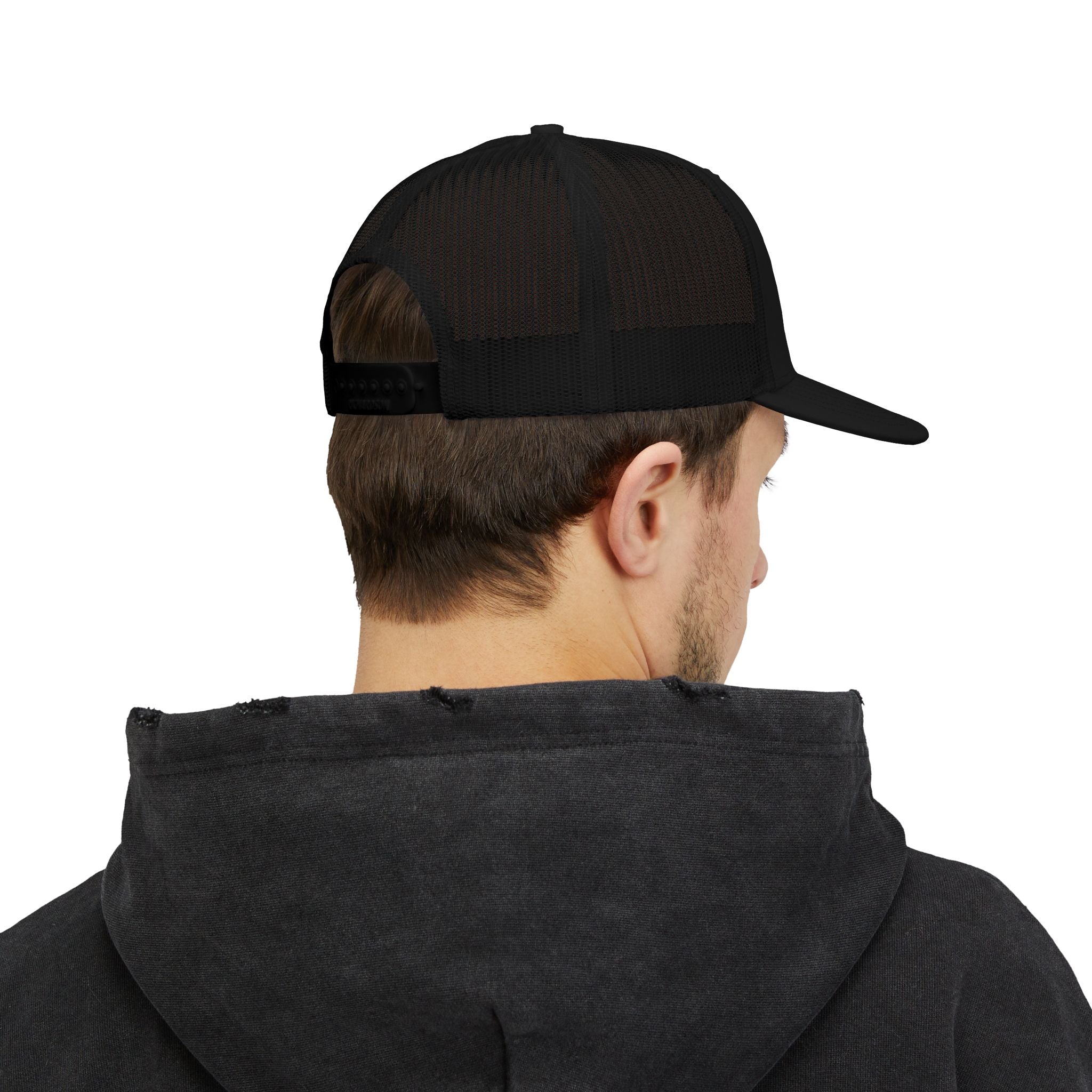 Legacy Snapback Trucker Cap – Black/White Embroidered Logo Mesh Hat