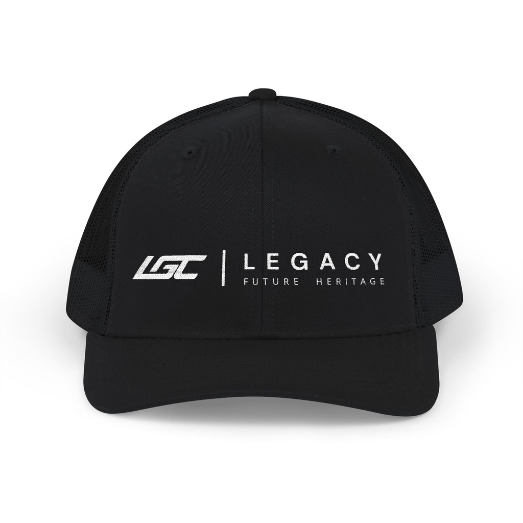 Legacy Snapback Trucker Cap – Black/White Embroidered Logo Mesh Hat
