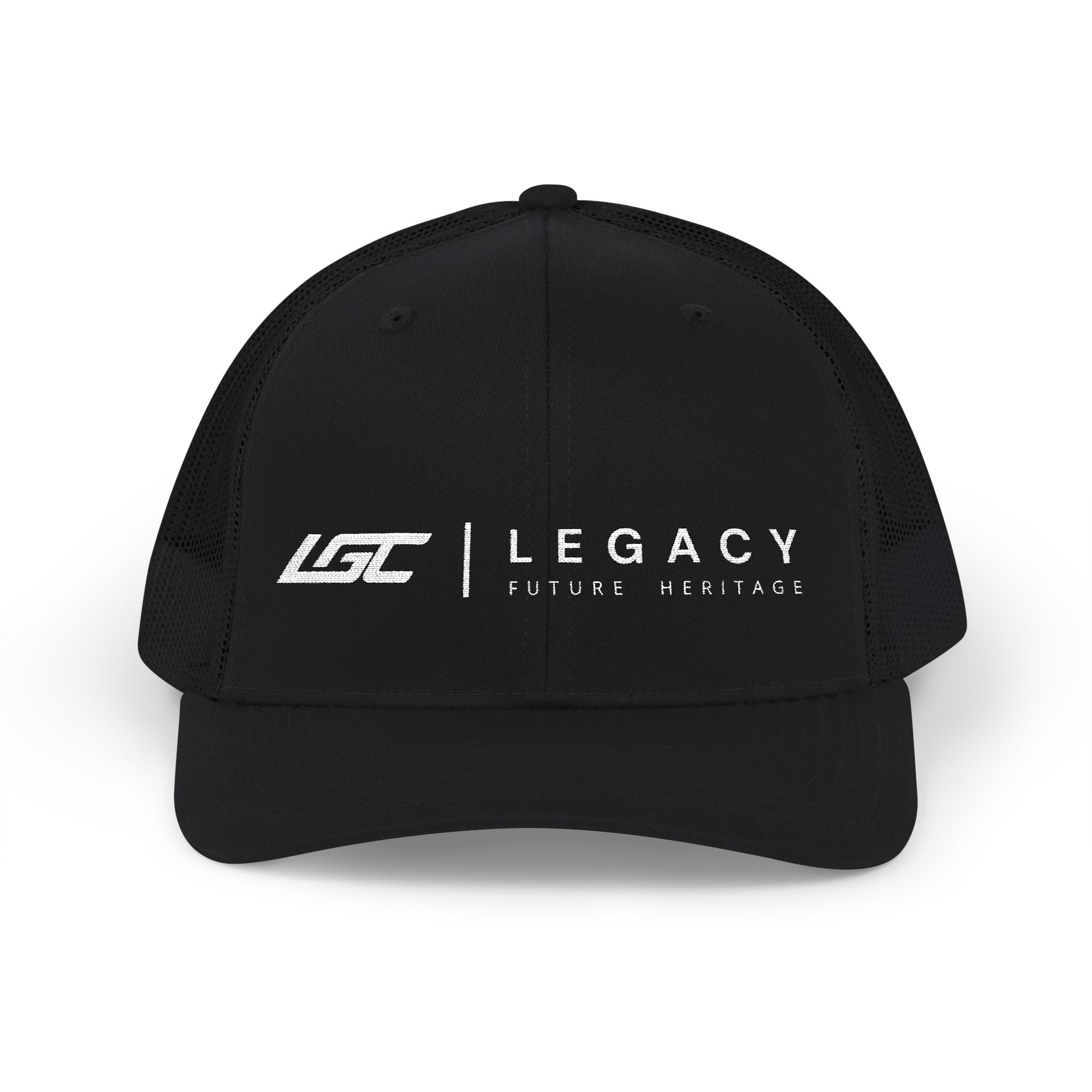 Legacy Snapback Trucker Cap – Black/White Embroidered Logo Mesh Hat