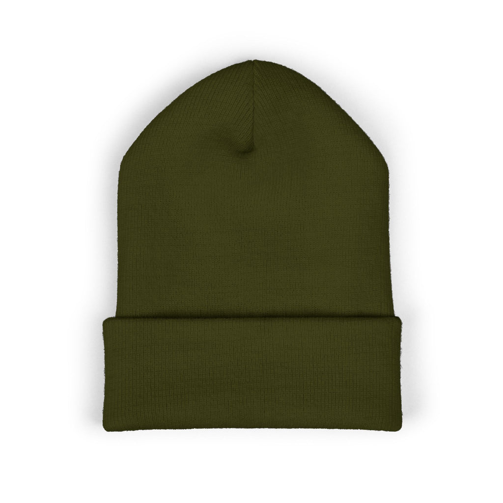 Embroidered LGC Cuffed Beanie — Olive Knit Winter Hat